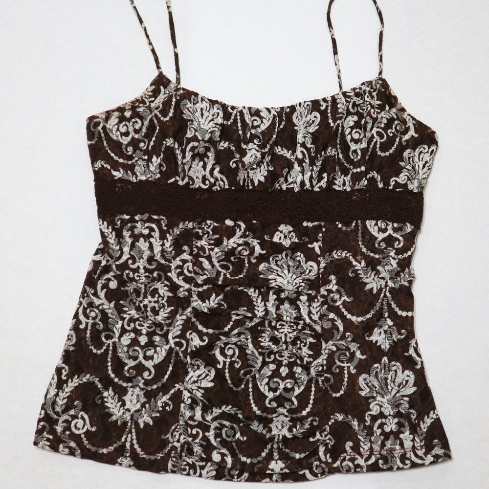 Three Pink Hearts Trixxi Brown/White Lace Overlay String Strap Blouse